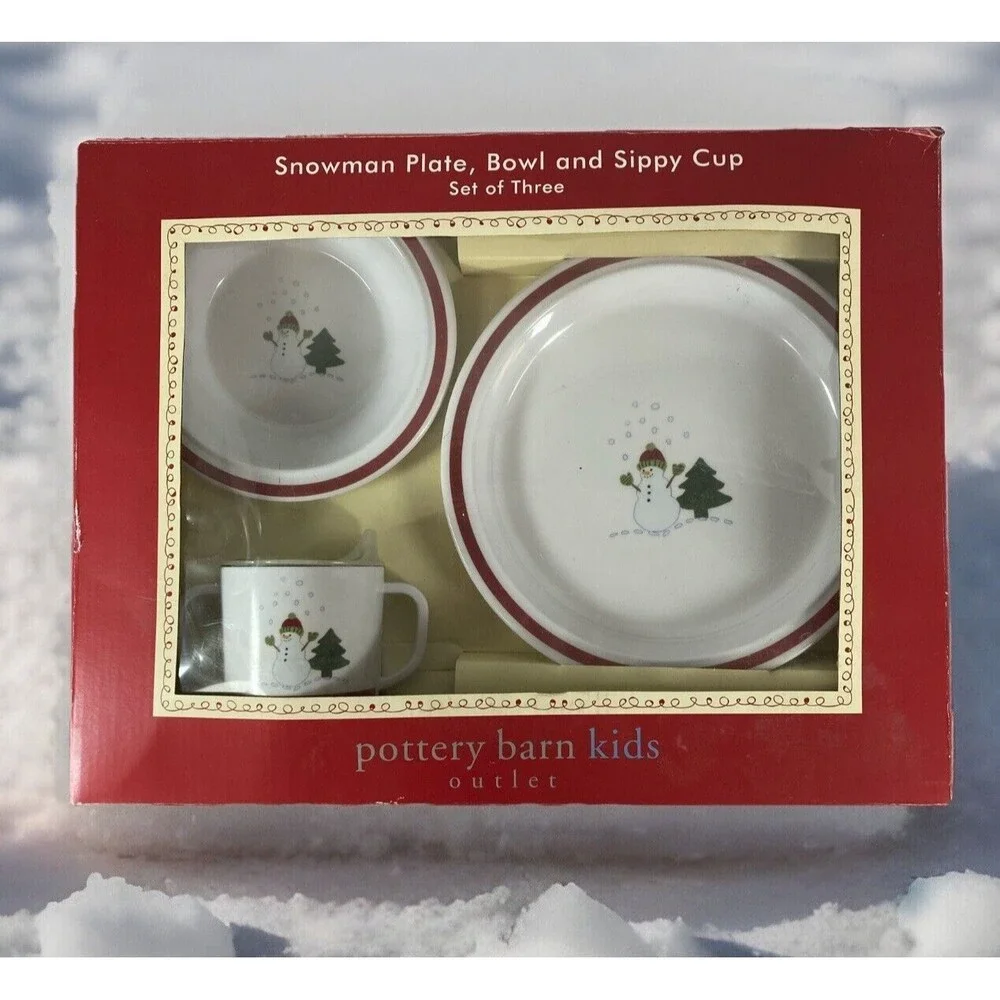 Pottery Barn Kids Snowman Plate Bowl Sippy Cup Christmas Holiday Plastic In Box